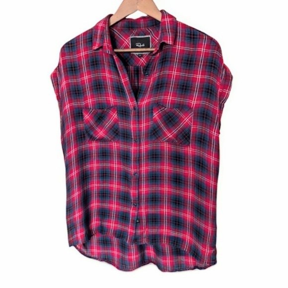 Rails Britt Short Sleeve Button Down Shirt Raspberry Navy Grunge Y2K Women's Med - Picture 5 of 12